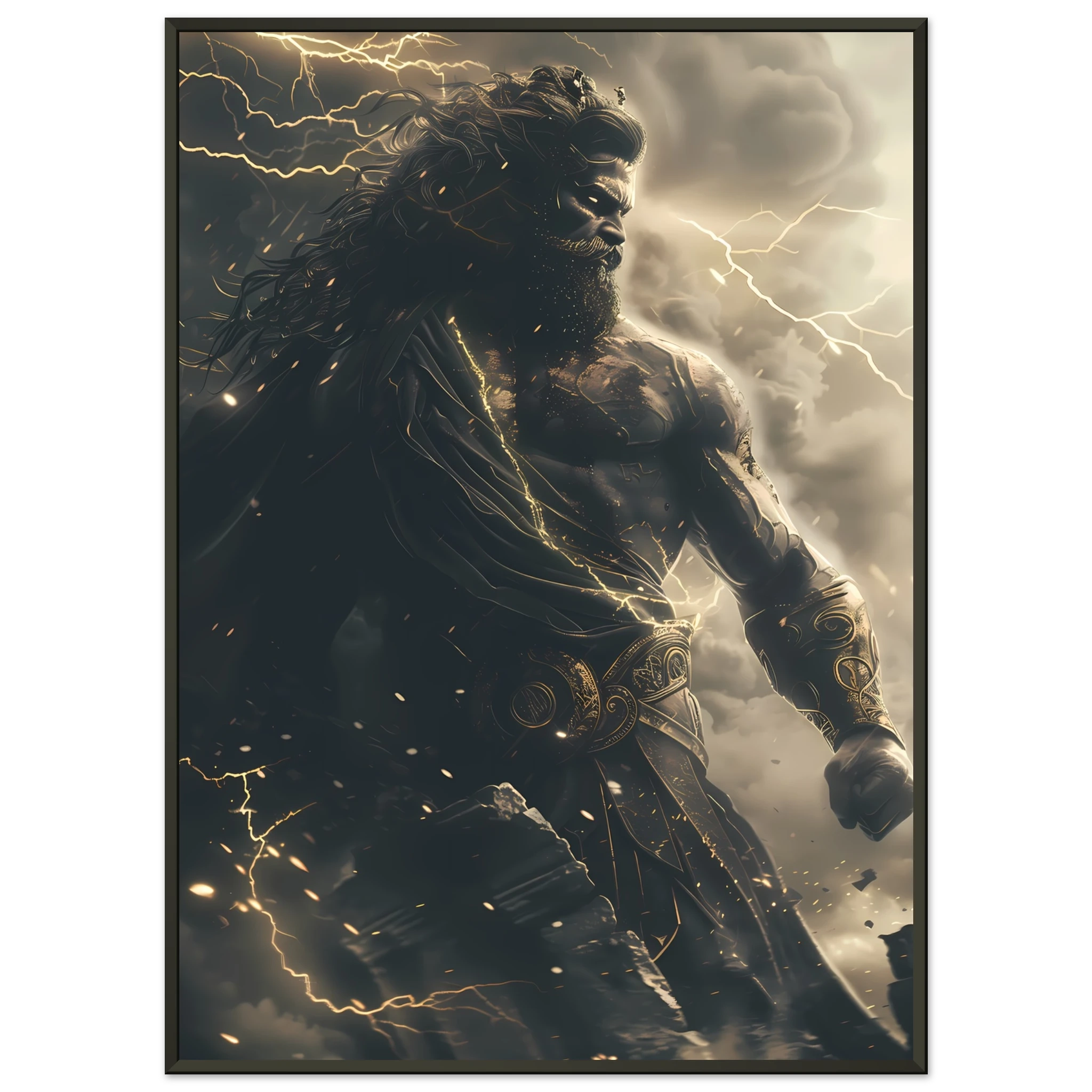 Zeus god of thunder casting lightning across clouds — Greek mythology fantasy art.